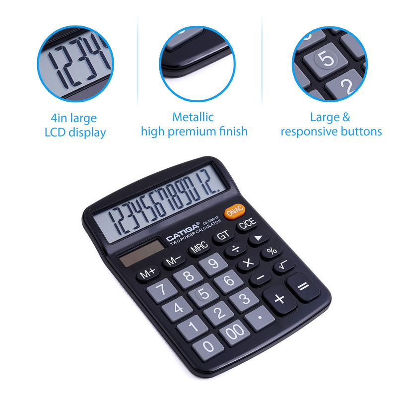  [AUSTRALIA] - Desktop Calculator 12 Digit with Large LCD Display and Sensitive Button, Solar and Battery Dual Power, Standard Function for Office, Home, School, CD-2786 (Black) Black