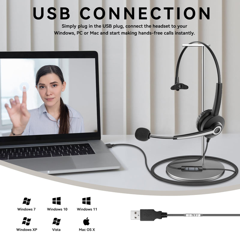  [AUSTRALIA] - Wantek Monaural Corded USB Headsets with Noise Cancelling Mic and in-line Controls, UC Business Headset for Skype, SoftPhone, Call Center, Crystal Clear Chat, Super Lightweight, Ultra Comfort (UC681) Monaural UC681