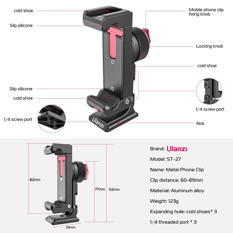  [AUSTRALIA] - PICTRON Metal Phone Tripod Mount 3 Cold Shoes & Arca Port, 360° Smartphone Tripod Adapter for iPhone Samsung Cell Phone Stand Holder for Desktop Tripod Video Live Streaming Vlogging Rig ST-27