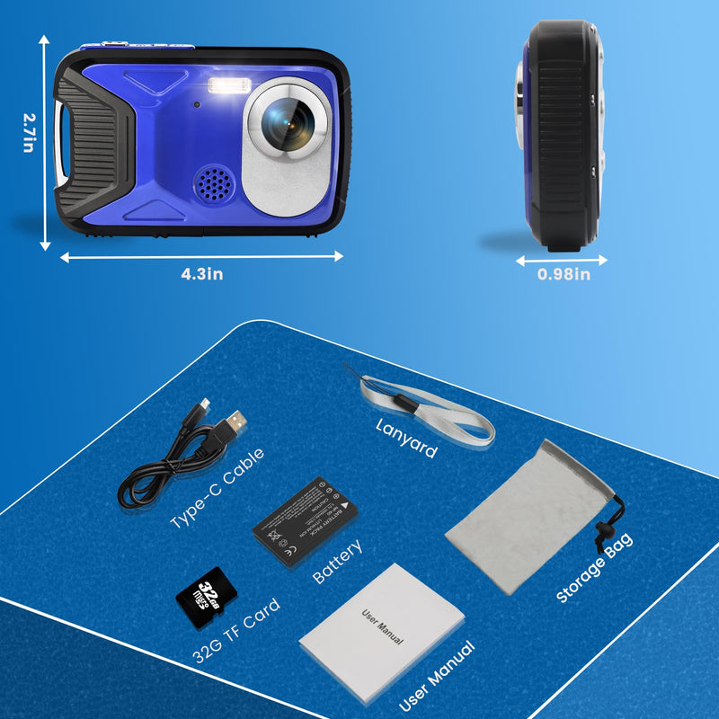  [AUSTRALIA] - YEEIN Digital Camera 30MP Kids Digital Camera with 32G SD Card and Rechargeable Battery, 18X Digital Zoom Compact Portable Digital Camera for Snorkeling Swimming Blue