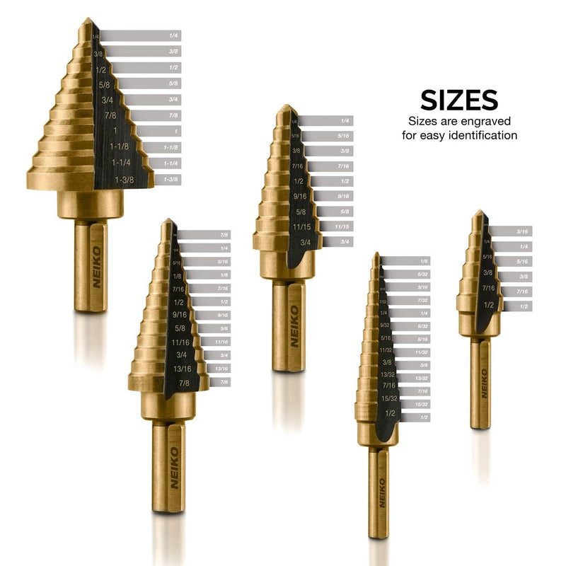  [AUSTRALIA] - NEIKO 10197A Step Drill Bit Set | 5 Piece, 50 SAE Sizes Total, 1/8” – 1-3/8” | Standard Titanium High Speed Steel Unibit, Stepper Cone Drill Bit | Two Flute Step Down Bits 5 Pc SAE Step Bits Punch