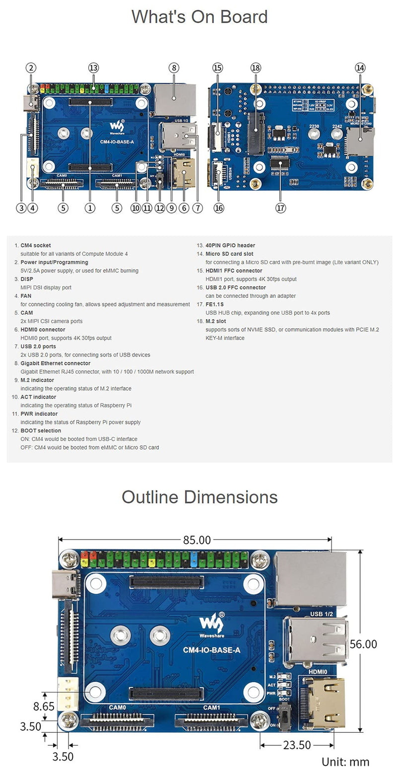  [AUSTRALIA] - Mini Base Board (A) Designed for Raspberry Pi Compute Module 4 Suitable for CM4 Lite/EMMC Series Module CM4-IO-BASE-A