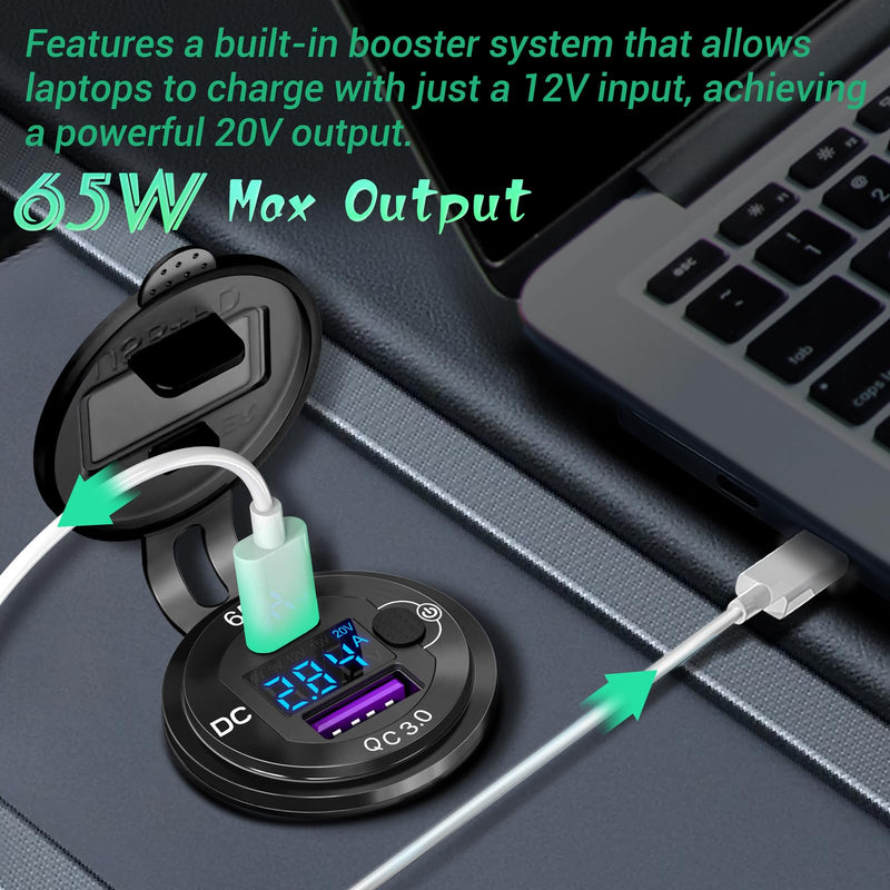  [AUSTRALIA] - 83W 12 Volt USB Outlet Built-in Boost USB C Laptop Car Charger: Ouffun 65W PD3.0 and 18W QC3.0 Car USB Port Aluminum Socket with Button Switch Smart Voltmeter, Suitable for Car RV Marine Golf Cart