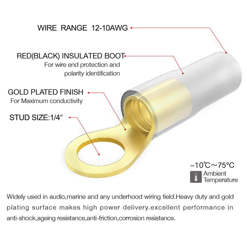  [AUSTRALIA] - AIRIC 12-10 AWG Ring Terminal 1/4 inch Gold Plated Crimp Ring Terminals with Soft Boots Gold Wire Connectors Kit 12-Pack Stud (M6) 12-10AWG/ 1/4"