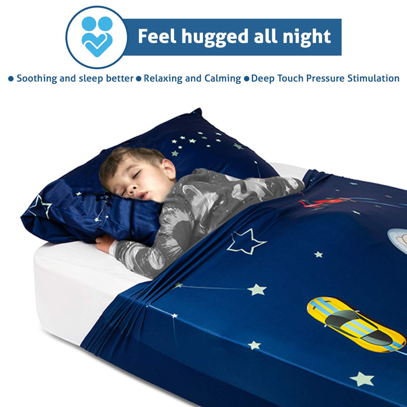  [AUSTRALIA] - FRIENDLY CUDDLE Sensory Compression Sheet for Kids, Twin Size Stretchy Bed Sheet with Breathable Fabric, A Smart Weighted Blanket Alternative, Mattress Fitted Bedding, Little Astronaut Design
