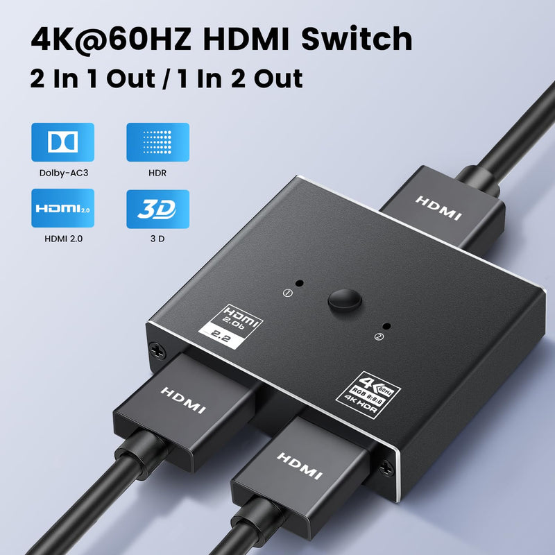  [AUSTRALIA] - NEWCARE 4k@60hz HDMI Switch 2 in 1 Out, Aluminum 2.0 Bi-Directional Supports 4K 3D HD 1080P, HDMI Splitter Selector Compatible for Firestick, Xbox PS4 Roku HDTV (HDMI Cable NOT Include) light black