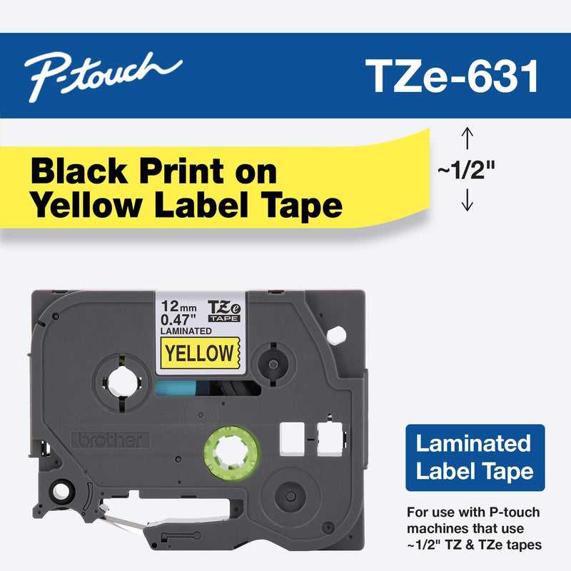  [AUSTRALIA] - Brother Genuine P-Touch TZE-631 Tape, 1/2" (0.47") Standard Laminated P-Touch Tape, Black on Yellow, Laminated for Indoor or Outdoor Use, Water Resistant, 26.2 Feet (8M), Single-Pack 0.47 in x 26.2 ft