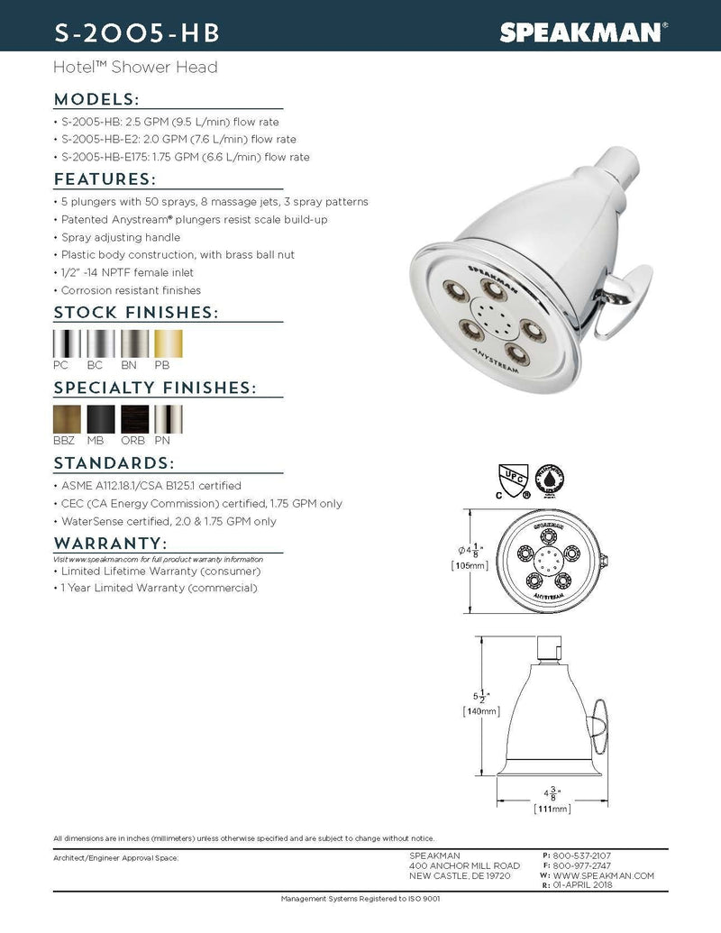  [AUSTRALIA] - Speakman, Polished Chrome S-2005-HB Hotel Anystream High Pressure Shower Head-2.5 GPM Adjustable Replacement Bathroom Showerhead 2.5 GPM