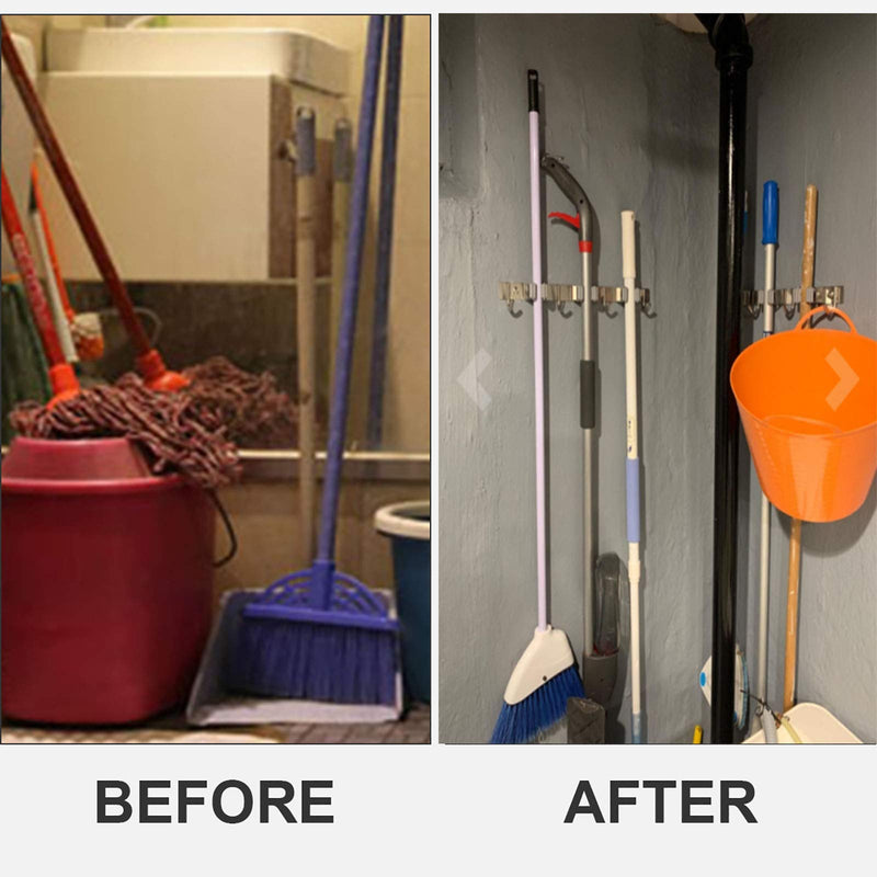  [AUSTRALIA] - Mop Broom Holder Heavy Duty Hooks Hanger Wall Mount 17” Stainless Steel Organizer for Home Laundry Bathroom Kitchen Garage Garden Utility Tools Rack Storage Durable Piyl 3 Racks 4 Hooks Brushed Steel
