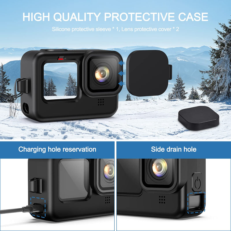  [AUSTRALIA] - Silicone Sleeve Case for GoPro Hero 10/ Hero 9 Black, 2 × Silicone Rubber Case Protective Cover + 2 × Silicone Lens Cap Cover with Lanyard Compatible with Hero10/Hero9 Accessories Kit