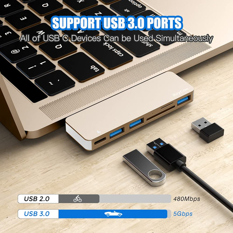  [AUSTRALIA] - USB C Hub Adapter for MacBook Pro/Air 2020 2019 2018, 6 in 1 USB-C Accessories Compatible with MacBook Pro 13″ and 15″ with 3 USB 3.0 Ports, TF/SD Card Reader, USB-C Power Delivery (Gold) Gold