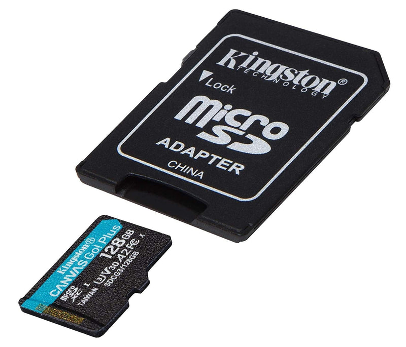  [AUSTRALIA] - Kingston 128GB MicroSD Canvas Go Plus Memory Card with Adapter Works with GoPro Hero 10 (Hero10) Class 10, V30, A2, SDXC (SDCG3/128GB) Bundle with (1) Everything But Stromboli MicroSD Card Reader