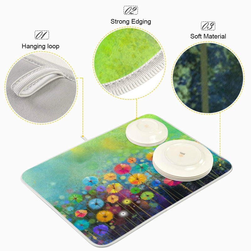  [AUSTRALIA] - Spring Summer Autumn Winter Flowers Dish Drying Mat 16x18 inch Floral Watercolor Rainbow Dandelion Poppy Dish Drainer Kitchen Counter Mats Bottles Dish Dry Pad Protector for Kitchen Countertops 16x18(in)x1