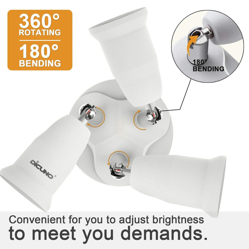  [AUSTRALIA] - DiCUNO 3 in 1 E26 Light Socket Splitter Adapter, Standard Base LED Bulb Converter, 360 Degrees Adjustable 180 Degree Bendable, 3 Way Bulbs Socket Holder 3 in 1 E26 Socket