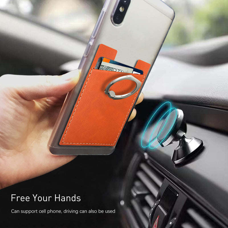  [AUSTRALIA] - Phone Card Holder with Phone Ring, Ring Wallets Combine a Finger Grip, Phone Ring Stand & Credit Card Sleeve into Thin Phone Wallets Stick On Universal to Any Cell Phone - Orange Leather