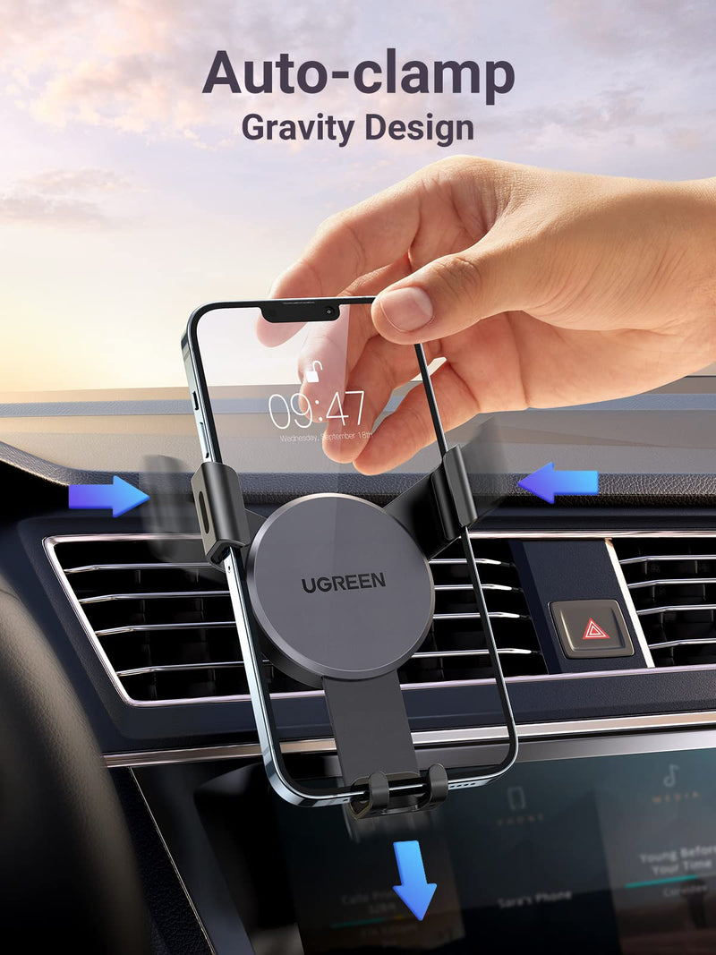 [AUSTRALIA] - UGREEN Car Vent Phone Mount Air Vent Clip Cell Phone Holder Gravity Auto Lock Compatible with iPhone 14 Pro Max 14 Plus, iPhone 13 12 11 Pro Max XR XS 8 7 Plus SE, Samsung Galaxy S22 Smartphone Black