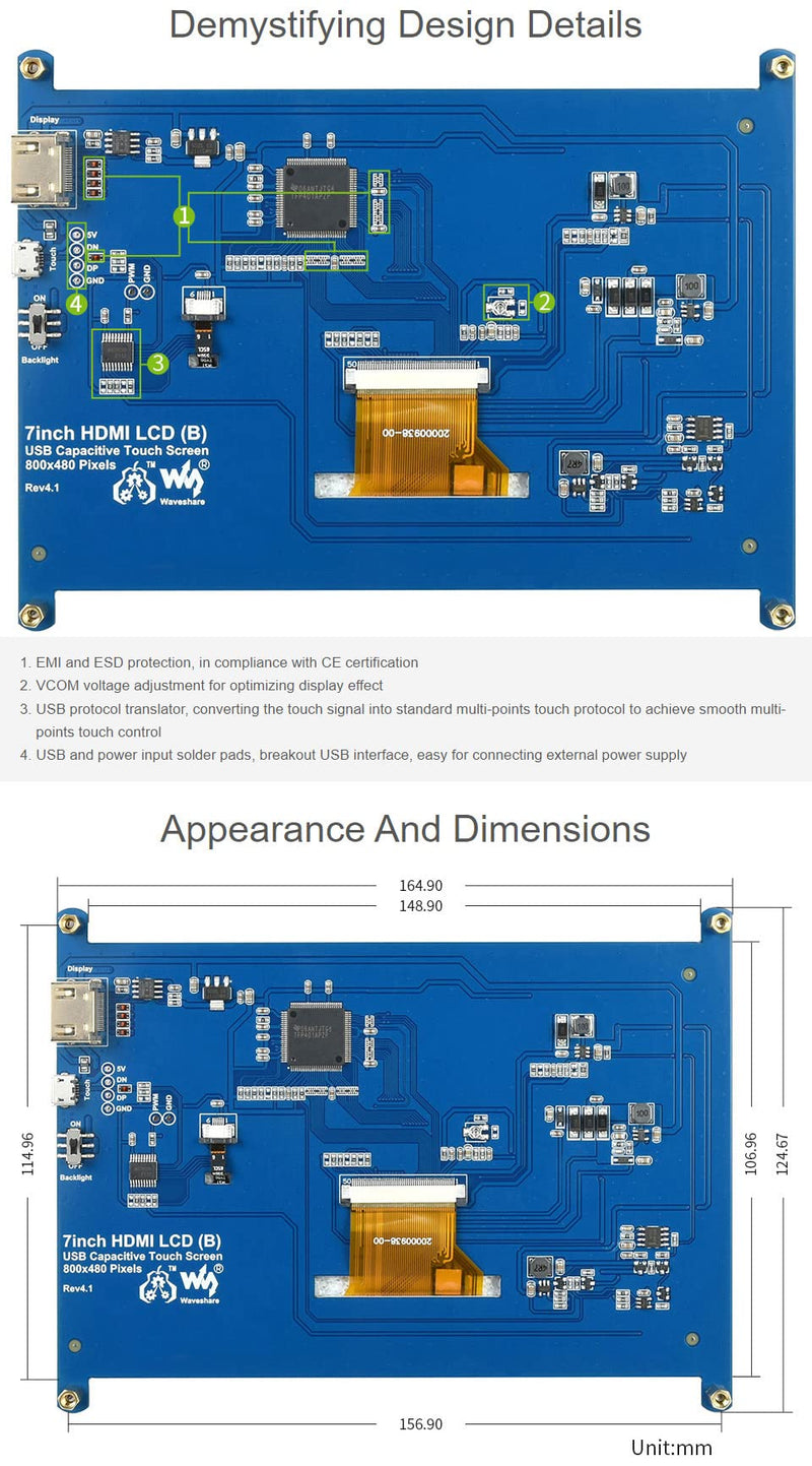  [AUSTRALIA] - [Latest Version] Waveshare 7inch HDMI Capacitive Touch LCD (B) Monitor Compatible with Raspberry Pi 4B/3B+/3A+/3B/2B/B+/A+/Zero CM3/3+/4* PC Supports Windows 11/10/8.1/ 8/7 7inch (B) V4.1