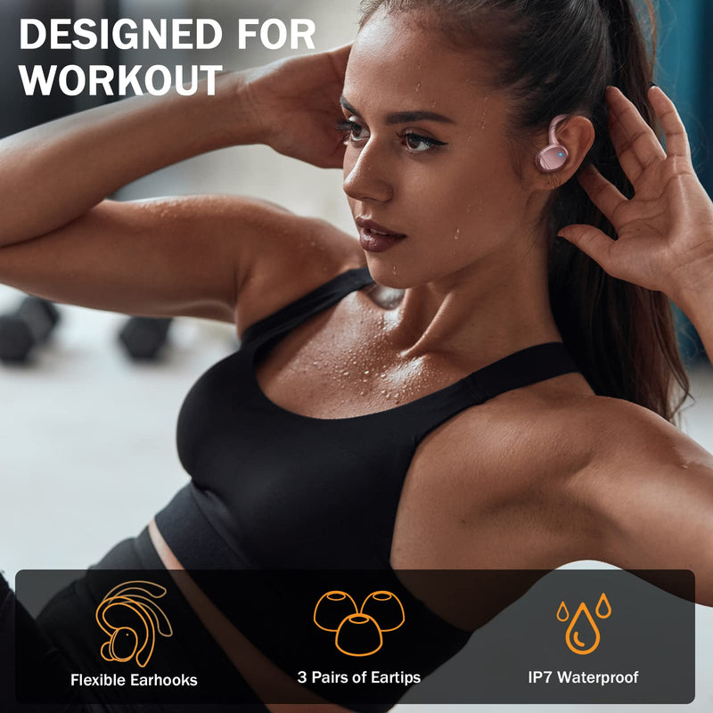  [AUSTRALIA] - Wireless Earbuds Bluetooth Headphones, Bluetooth 5.3 Earbuds with Immersive HiFi Stereo, 2023 New 48Hrs Wireless Ear Buds Over Ear, HD Mic, Comfortable Sport Earhooks, IP7 Waterproof in Ear Earphones Rose Gold