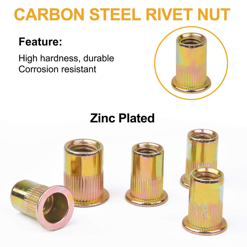  [AUSTRALIA] - VIGRUE 250pcs #6-32#8-32#10-24 1/4"-20 5/16"-18 3/8"-16 Carbon Steel UNC Rivet Nuts Rivnut Assortment Kit, Yellow Zinc Plated Finish, Flat Head Threaded Insert Nutserts Assort Inch 250pcs