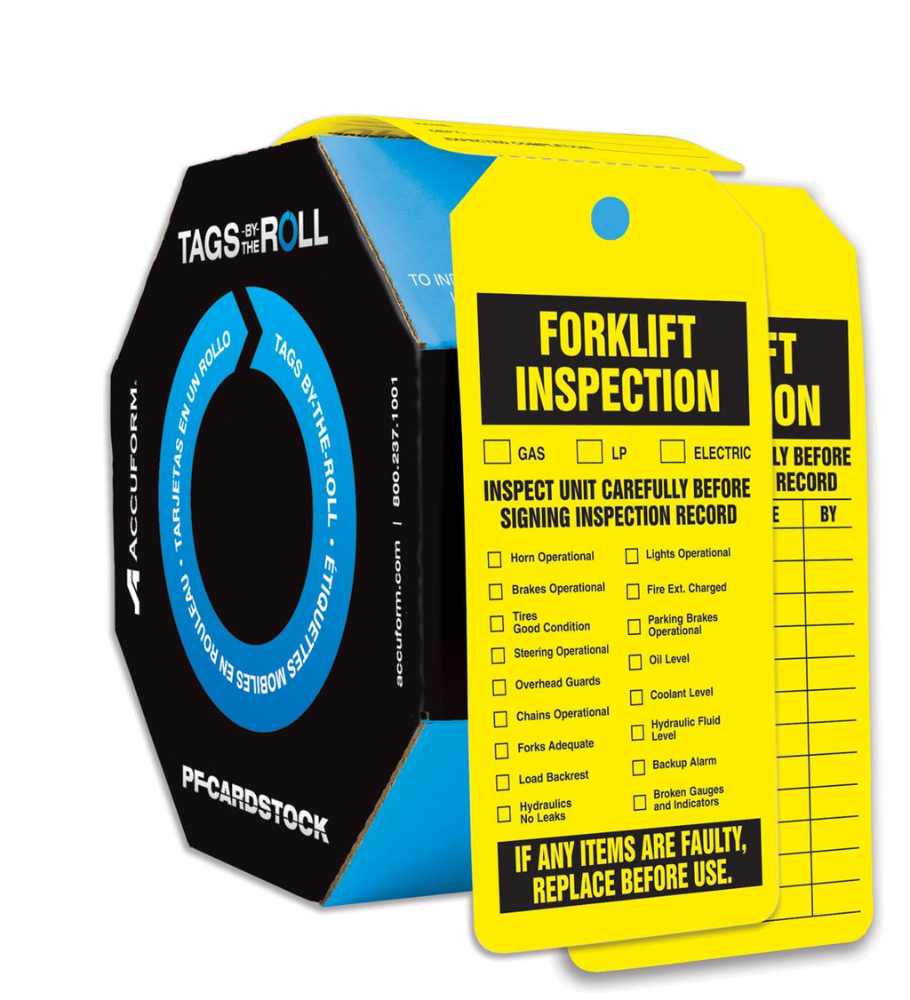  [AUSTRALIA] - Accuform"Forklift Inspection" Tags by-The-Roll Inspection and Status Tags, 6.25" x 3", PF-Cardstock, Black on Yellow (Pack of 100), TAR704