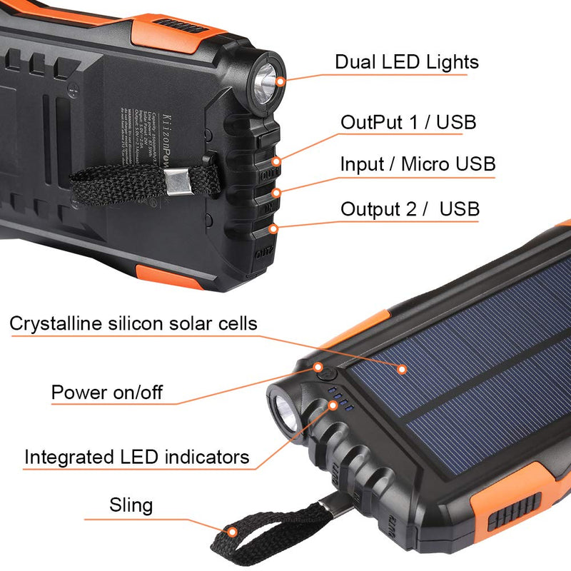 Kiizon Solar Phone Charger 25000mAh Outdoor Portable Chargers with Dual 2.1A USB Outport,Solar Power Bank External Battery Powerd Pack with Flashlight for iPhone,Samsung,Camping-Shock,Dust&Waterproof - LeoForward Australia