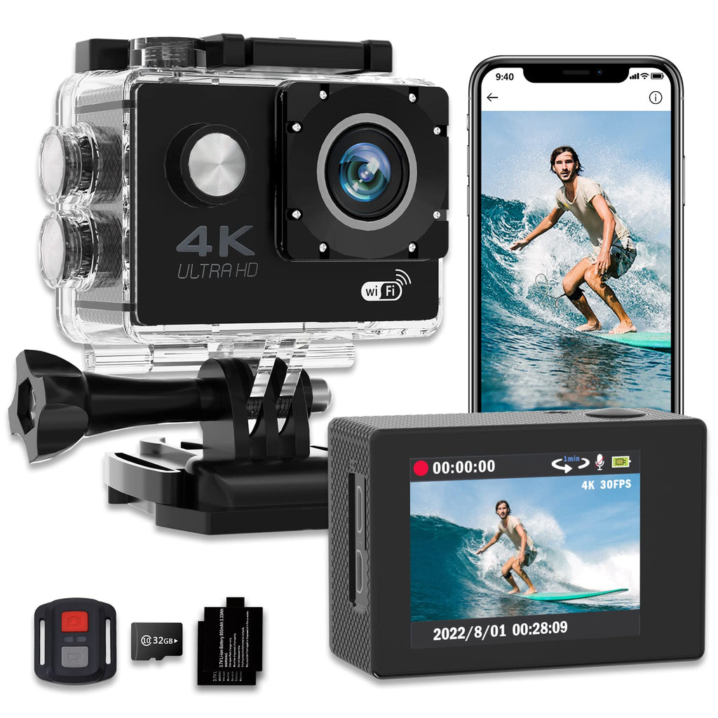  [AUSTRALIA] - Adostob 4K30FPS Action Camera Ultra HD Underwater Cameras 98FT 30M Waterproof Camera with Remote Control & 32G SD Card Sports Cameras Support WiFi and 170 Degree Wide Angle Black