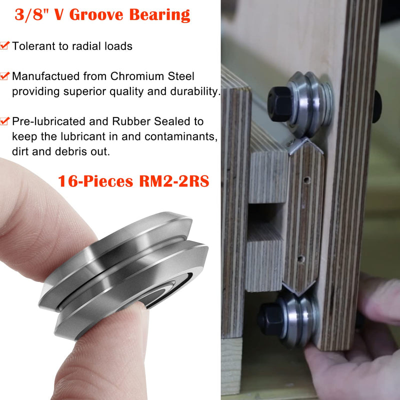  [AUSTRALIA] - 16pcs RM2-2RS 3/8" Rubber Sealed V Groove Roller Ball Bearing Line Track Roller Bearing