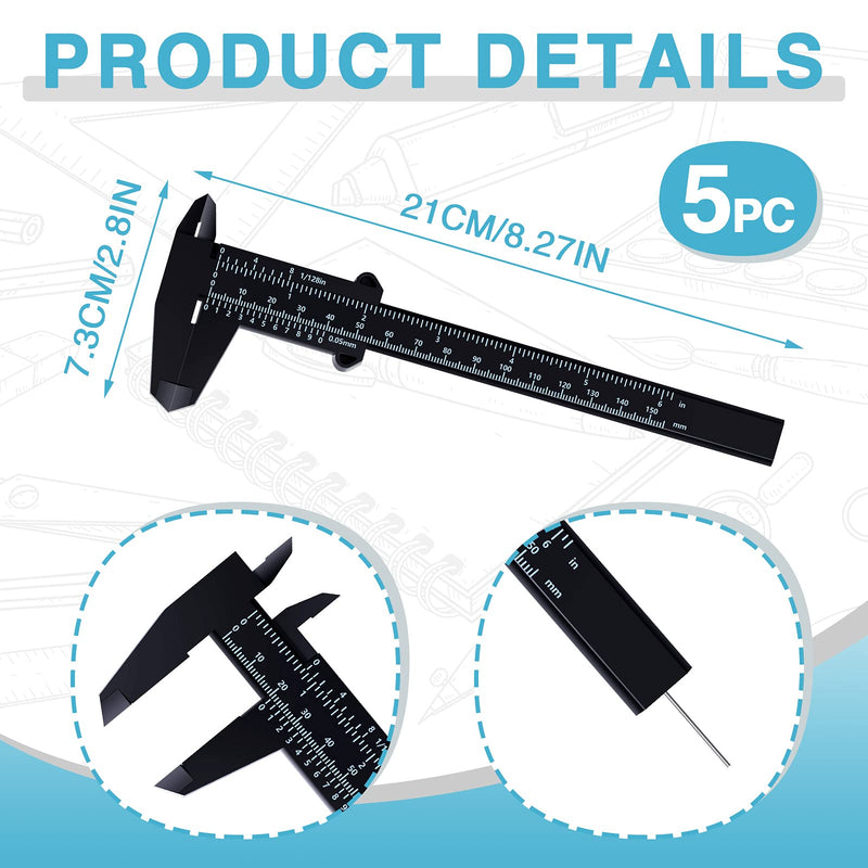  [AUSTRALIA] - 6 Inch/ 150 mm Mini Plastic Caliper Double Scale Measuring Tool Rectangular Vernier Caliper Fast Read Sliding Gauge Ruler for Eyebrow Stencil Makeup Student School Office Home, Black, 5 Pieces