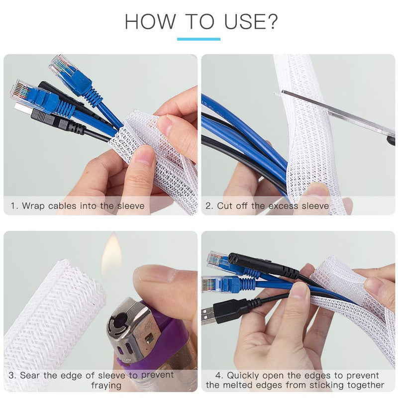  [AUSTRALIA] - 6.6ft - 2/3 inch White Cable Sleeve Cover, AGPTEK Cord Protector Management Wire Loom Tubing Cable Sleeve Split Sleeving for Desk PC TV Computer Cable Protect Cat from Chewing Cord, White 6.6ft - 2/3''