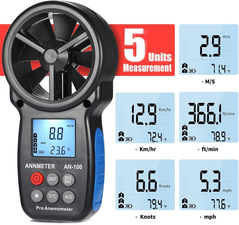  [AUSTRALIA] - AIOMEST AI-100 Digital Anemometer, Wind Gauge Wind Gauge Handheld, Wind Gauge CFM Wind Speed Meter for Wind Speed Temperature Wind Chill Tester, HVAC