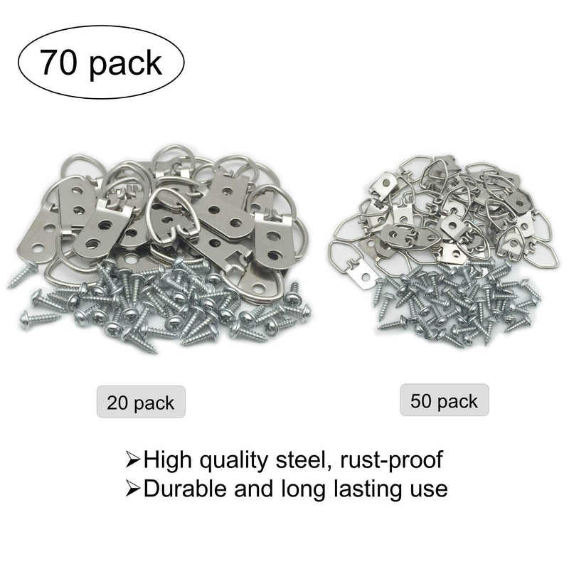  [AUSTRALIA] - EesTeck 70 Pack D-Ring Steel Picture Hangers Heavy Duty with Screws Picture Frames Double Holes Clasp Picture Hang Solutions, for Hanging Clock Paintings Artwork Picture Frame Hook Photos Mirrors 70 Pack-D Ring