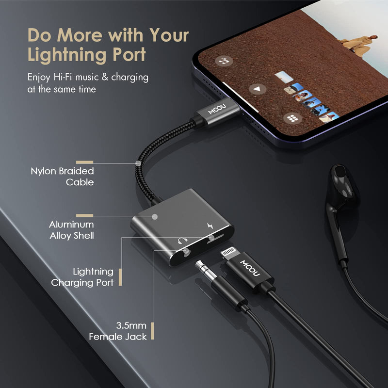  [AUSTRALIA] - MOOU iPhone Splitter Audio and Charge Adapter [Apple MFi Certified] 2 in 1 Lightning to 3.5mm Headphones Jack + Charger Adapter for iPhone 13/13 Pro/13 Pro Max/12/12 Mini/11/11 Pro/X/XS/SE/8P-Gray