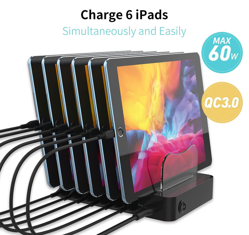  [AUSTRALIA] - SooPii Quick Charge 3.0 60W/12A 6-Port USB Charging Station for Multiple Devices, 8 Short Charging Cables Included, I Watch Charger Holder,for Phones, Tablets, and Other Electronics Black