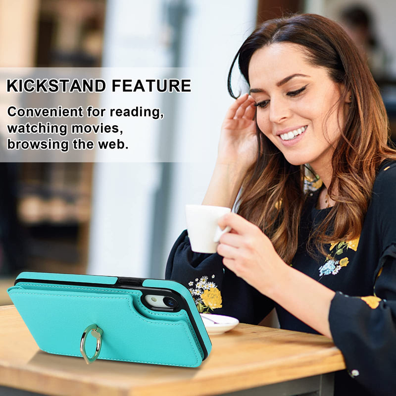  [AUSTRALIA] - Folosu Compatible with iPhone XR Case Wallet with Card Holder, 360°Rotation Finger Ring Holder Kickstand Protective RFID Blocking PU Leather Double Buttons Flip Shockproof Cover 6.1 Inch Mint Green