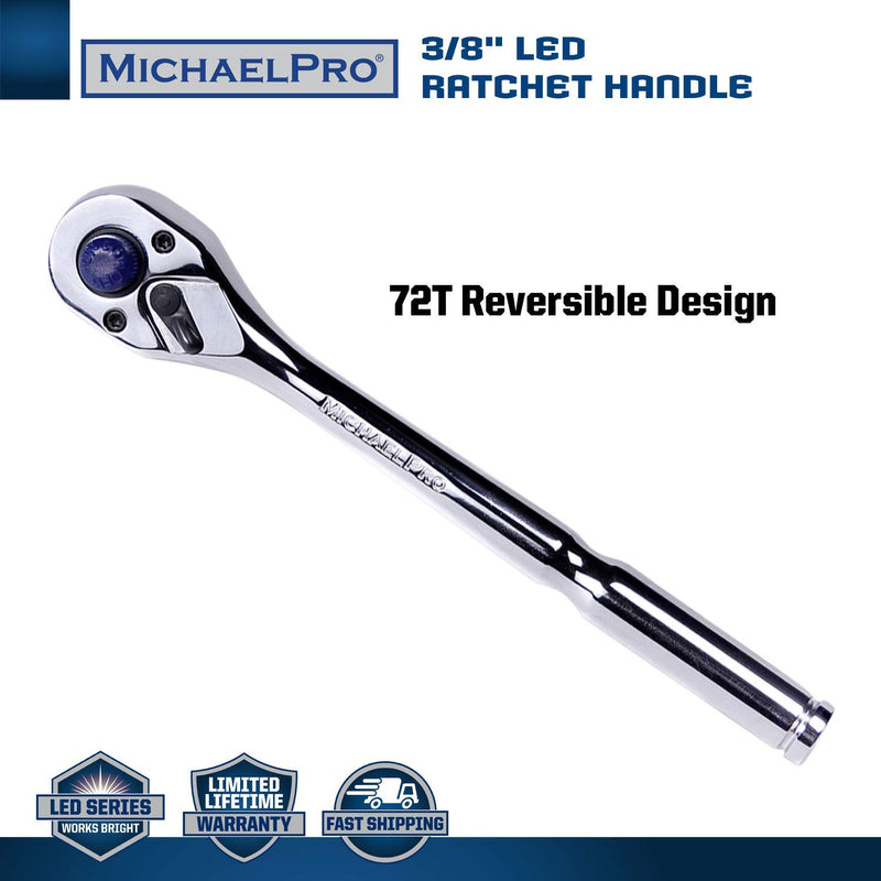 MichaelPro MP001037- 3/8-Inch Drive Socket Ratchet Handle with Patented Built-in LED Flashlight Design,Quick Release,Reversible Ratchet Wrench, 72 Tooth,CR-V Steel and Mirror Polish Finish - LeoForward Australia