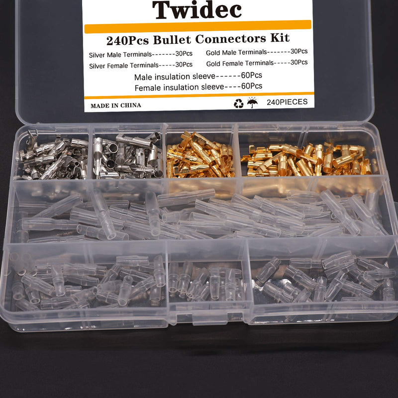  [AUSTRALIA] - Twidec/240Pcs Assortment Bullet Connectors Kit 3.9mm Brass Male and Female Bullet Terminals Connector Block with Insulating Sleeves for Car Truck Motorcycle Bike 2-Without Tool