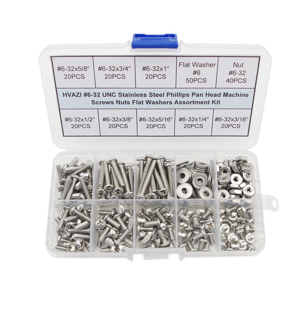  [AUSTRALIA] - HVAZI #6-32 UNC Stainless Steel Phillips Pan Head Machine Screws Nuts Flat Washers Assortment Kit #6-32UNC