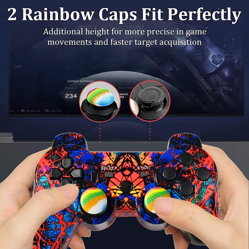  [AUSTRALIA] - Drimoor 2 Pack Wireless Controller for PS3 - Double Vibration Motion Sense Remote Compatible with Playstation 3 with Charging Cable and Thumb Grip Caps 2Pack-Graffiti