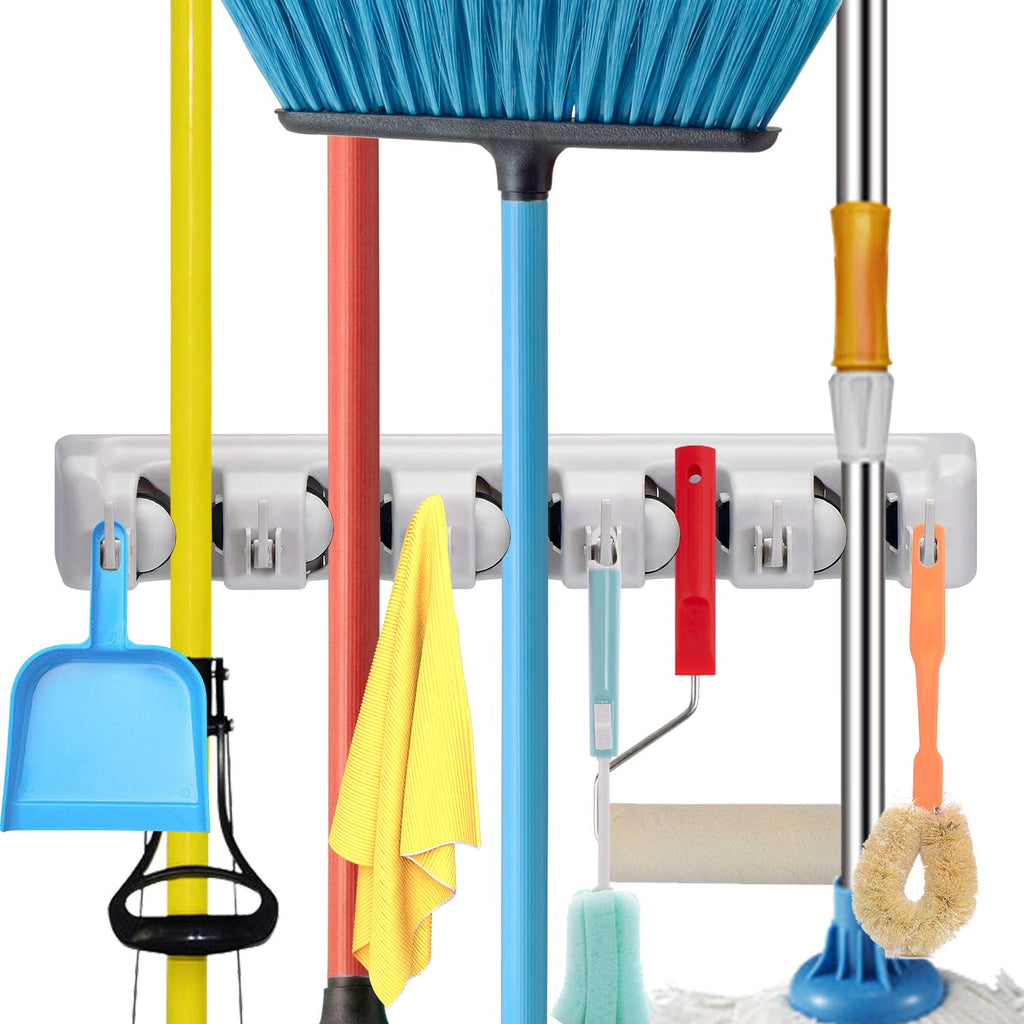  [AUSTRALIA] - Mop Broom Holder, Wall Mounted Commercial Organizer Storage Rack for Garden Tools, Kitchen, Garage and Laundry [5 Slots with 6 Hooks]