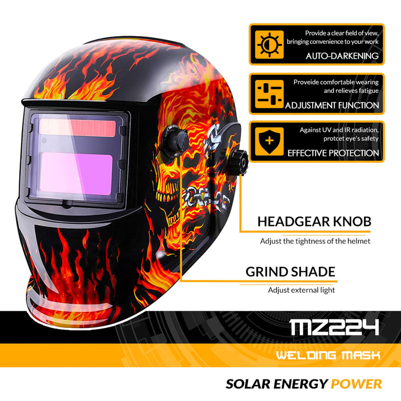  [AUSTRALIA] - DEKOPRO Welding Helmet Solar Powered Auto Darkening Hood with Adjustable Shade Range 4/9-13 for Mig Tig Arc Welder Mask Shield Flaming Skull Design