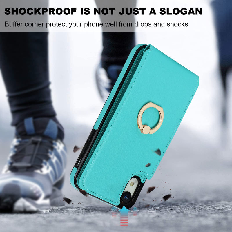  [AUSTRALIA] - Folosu Compatible with iPhone XR Case Wallet with Card Holder, 360°Rotation Finger Ring Holder Kickstand Protective RFID Blocking PU Leather Double Buttons Flip Shockproof Cover 6.1 Inch Mint Green