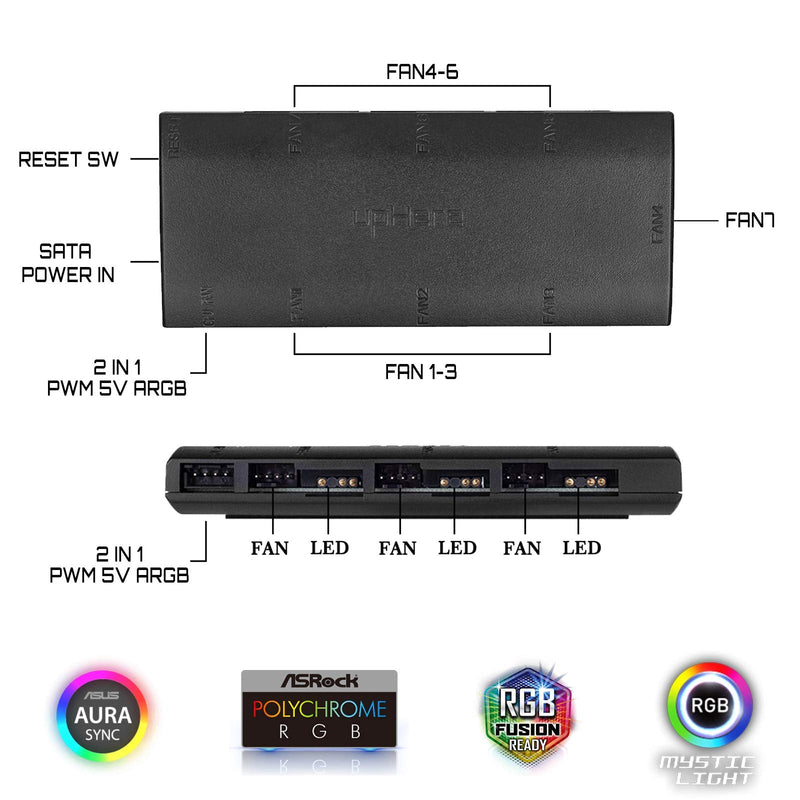  [AUSTRALIA] - upHere 7-Port 4PIN SATA PWM 5V 3PIN ADDRESSABLE RGB Fan Hub/Splitter for 4-Pin & 3-Pin Case Fans in Black-P7PRGB