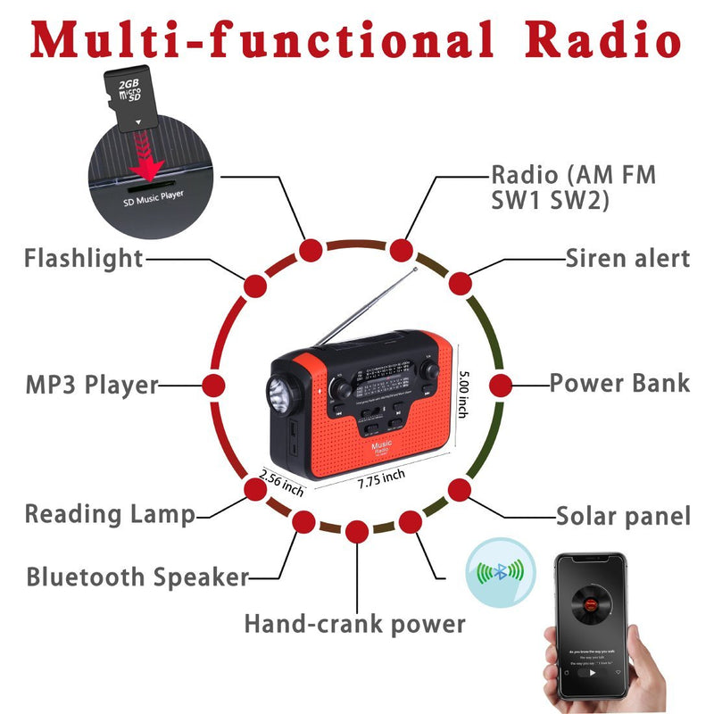 Solar Hand Crank Emergency AM/FM/SW Radio, Bluetooth TF Card Speakers with Lights, LED Flashlight and Reading Camping Lamp, Battery Radio Portable and 2300mAh Power Bank Cell Phone Charger (red) red - LeoForward Australia