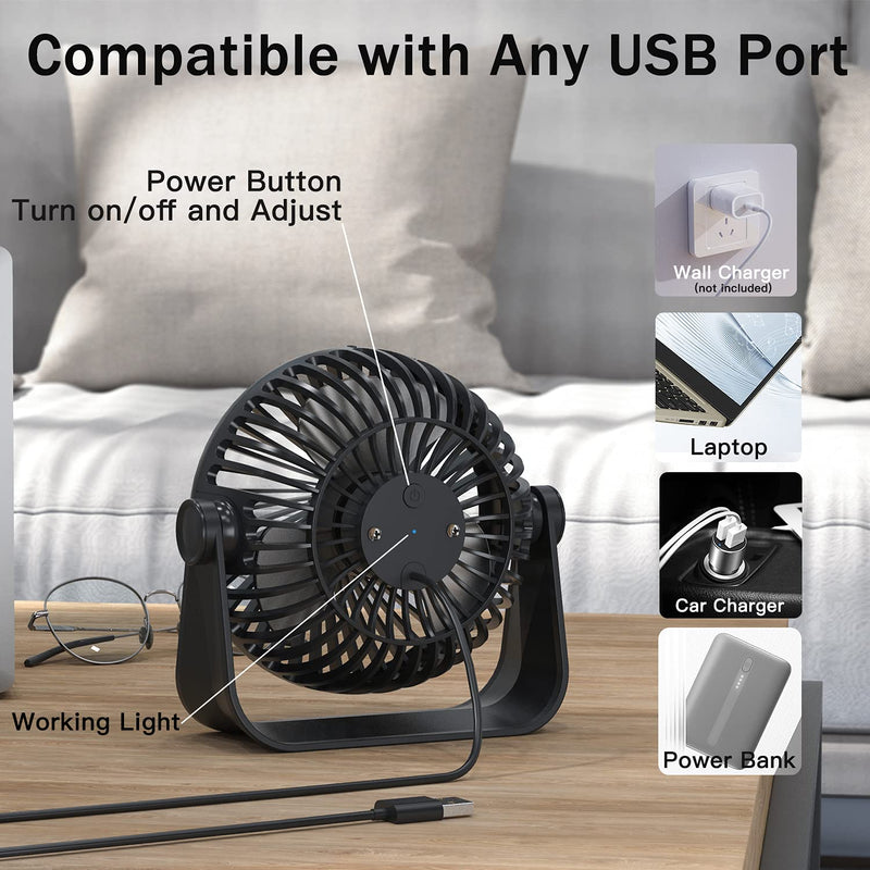  [AUSTRALIA] - TriPole Small Desk Fan 3 Speeds Strong Airflow USB Fan 360°Rotation Mini Fan Portable Personal Fan, 5-inch Table Fan for Bedroom Office Home Outdoor Camping, 3.6ft Cable, Black