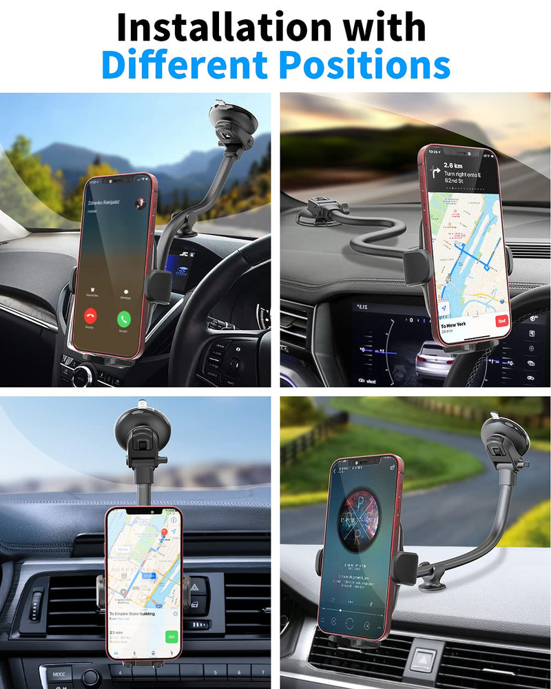  [AUSTRALIA] - OQTIQ Suction Cup Phone Holder for Windshield/Dashboard, Phone Mount for Truck Car, 13-Inch Gooseneck Long Arm Sturdy Phone Mount with One Hand Operation, Compatible with All Phones
