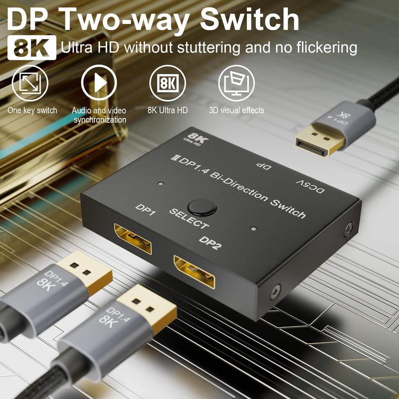  [AUSTRALIA] - DisplayPort Switch 8K Bidirectional Splitter 2 in 1 Out/1 in 2 Out DP 1.4 Switcher Supports 8K@30Hz, 4K@120Hz, 4K@60Hz for 2 Computers 1 Monitor ConnBull®