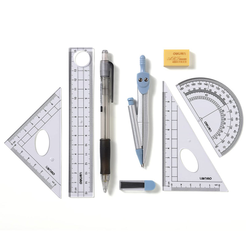 Waremew Compass Set for Geometry Math Geometry Kit 8 Pieces - Student Supplies Drawing Compass, Protractor, Rulers, Pencil Lead Refills, Pencil, Eraser for Students and Engineering Drawing - LeoForward Australia