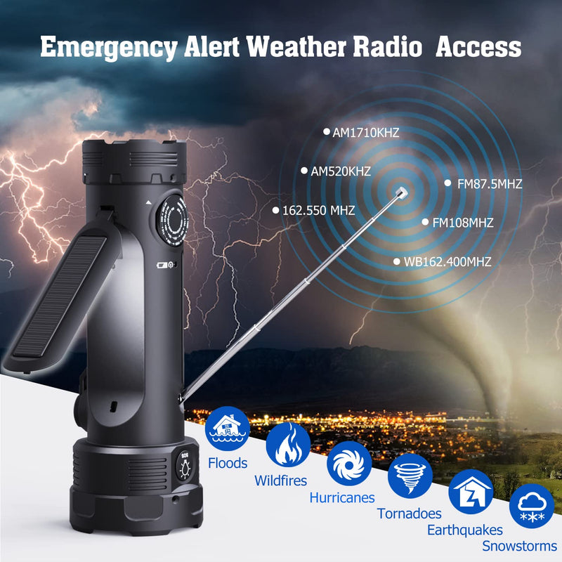  [AUSTRALIA] - NOAA Emergency Flashlight Rechargeable with Weather Radio,AM/FM Weather Alert Solar Hand Crank Survival Radio,Portable Battery Powered Radio,Reading Lamp,USB Phone Charger,SOS Alarm for Home Outdoor Black