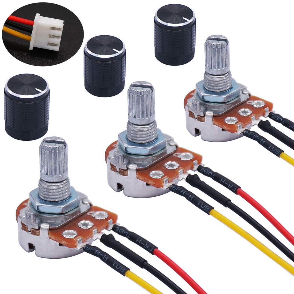  [AUSTRALIA] - Taiss Pack of 3 1K Ohm Linear Taper Rotary Potentiometer WH148 B1K 3 Pin with XH2.54-3P Connection Cable + Black Button Cover Cap 148-1k-BKL