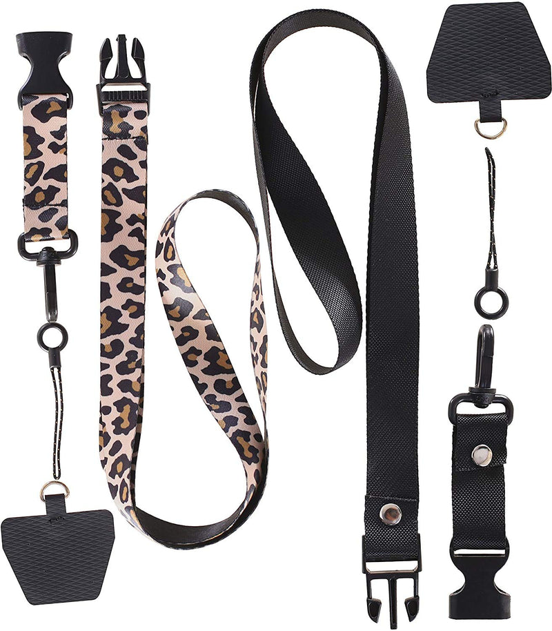  [AUSTRALIA] - [2 Pack] Cellphone Lanyard Tether, Universal Detachable Neck Strap with Patch for Most Cell Phone Case & iPhone Case (Black+Leopard) Black+Leopard